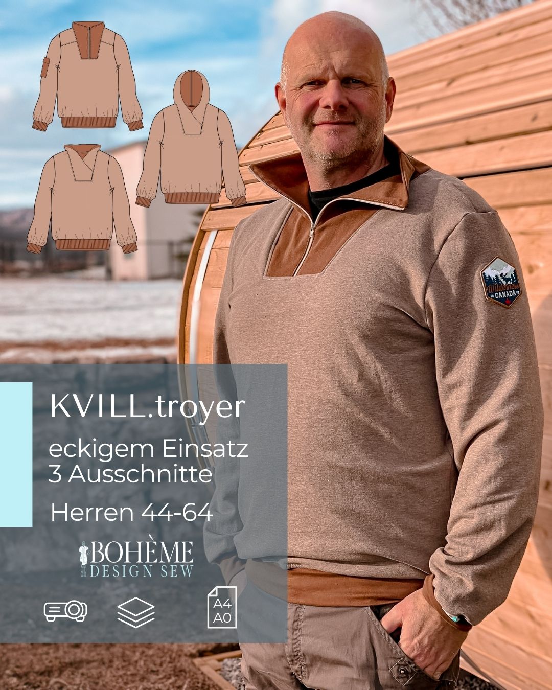 Schnittmuster Herren, Troyer nähen, Herrenpullover Schnittmuster, maritimer Look nähen, Kapuze nähen, Schalkragen nähen, Stehkragen mit Reißverschluss, locker geschnittener Troyer, Pullover für Männer, PDF Schnittmuster, Mehrgrößenschnitt, A4 Schnittmuster, A0 Plotterdatei, Beamer Datei Schnittmuster, digitale Nähanleitung, Maschenware nähen, Seemannsstrickstoff, Sommersweat, Strickstoff, Bündchenware, Viskosefutter, Nählevel 2/4, Videoanleitung YouTube, QR Code Anleitung, #BohemeDesignSew, #SewKvill