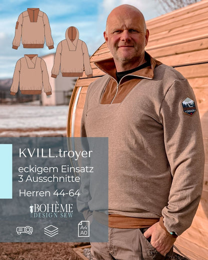 Schnittmuster Herren, Troyer nähen, Herrenpullover Schnittmuster, maritimer Look nähen, Kapuze nähen, Schalkragen nähen, Stehkragen mit Reißverschluss, locker geschnittener Troyer, Pullover für Männer, PDF Schnittmuster, Mehrgrößenschnitt, A4 Schnittmuster, A0 Plotterdatei, Beamer Datei Schnittmuster, digitale Nähanleitung, Maschenware nähen, Seemannsstrickstoff, Sommersweat, Strickstoff, Bündchenware, Viskosefutter, Nählevel 2/4, Videoanleitung YouTube, QR Code Anleitung, #BohemeDesignSew, #SewKvill