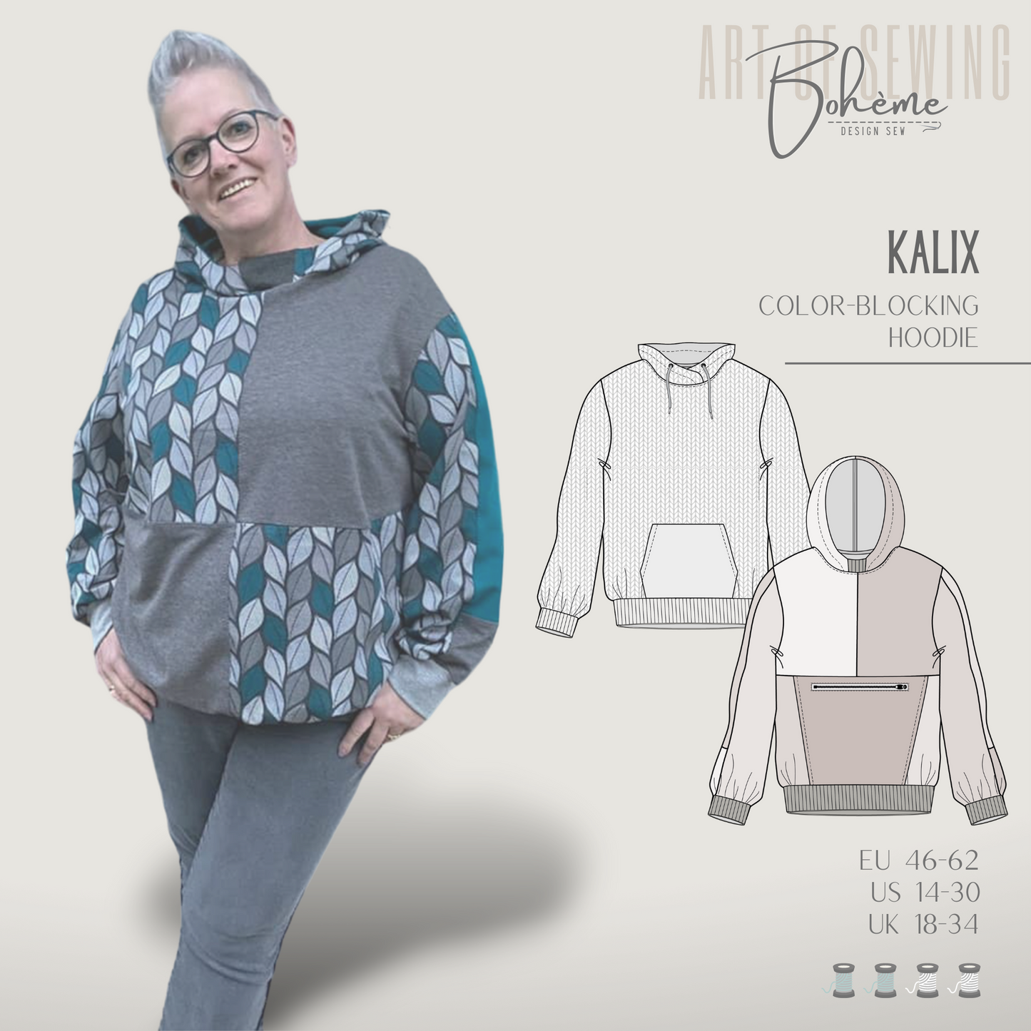 Hoodie | Kalix W2409 | Woman L - 4XL | Digital Sewing Pattern | PDF | Projector | Bohème | Sweater | Pullover | Color Blocking