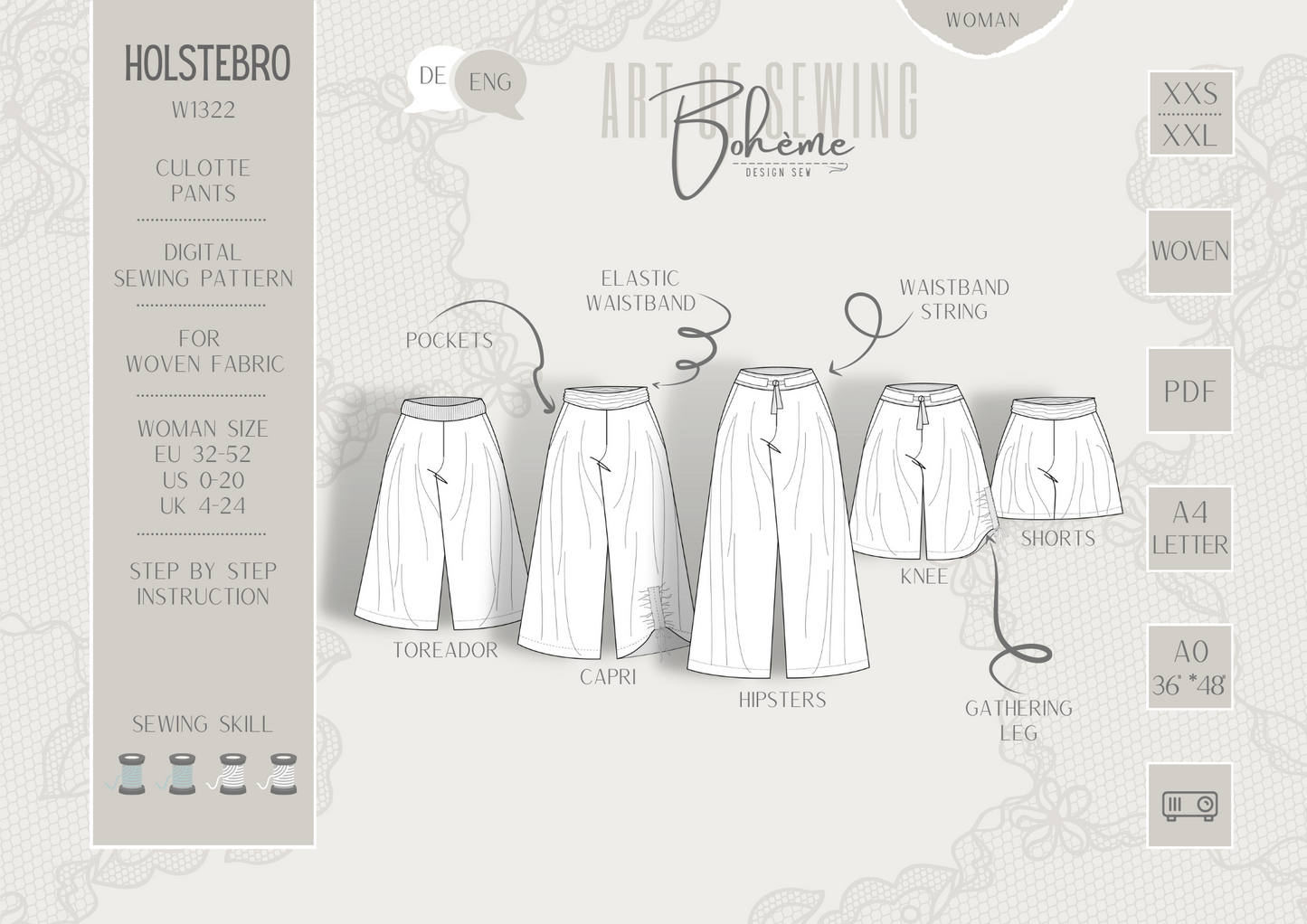 Culotte | Holstebro W1322 | Woman EU32 (XXS) - EU52 (XXL) | Digital Sewing Pattern | PDF