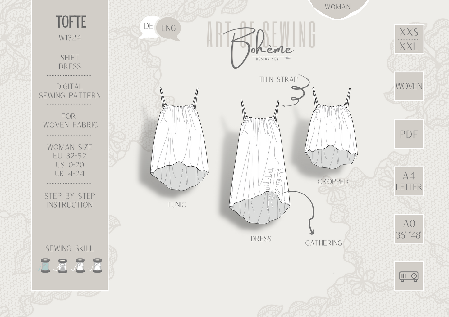 Tunic Dress | Tofte W1324 | Woman EU32 (XXS) - EU52 (XXL) | Digital Sewing Pattern | PDF