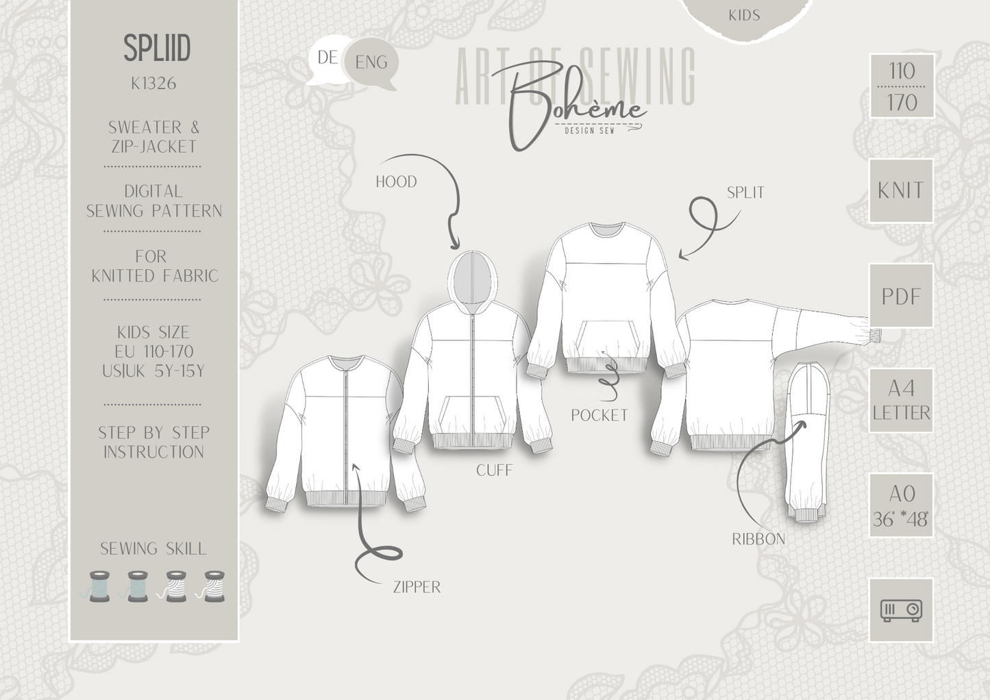 Zip-Sweater | Spliid K1326 | Kids EU110 - 170 | Digital Sewing Pattern | PDF | Projector | Bohème