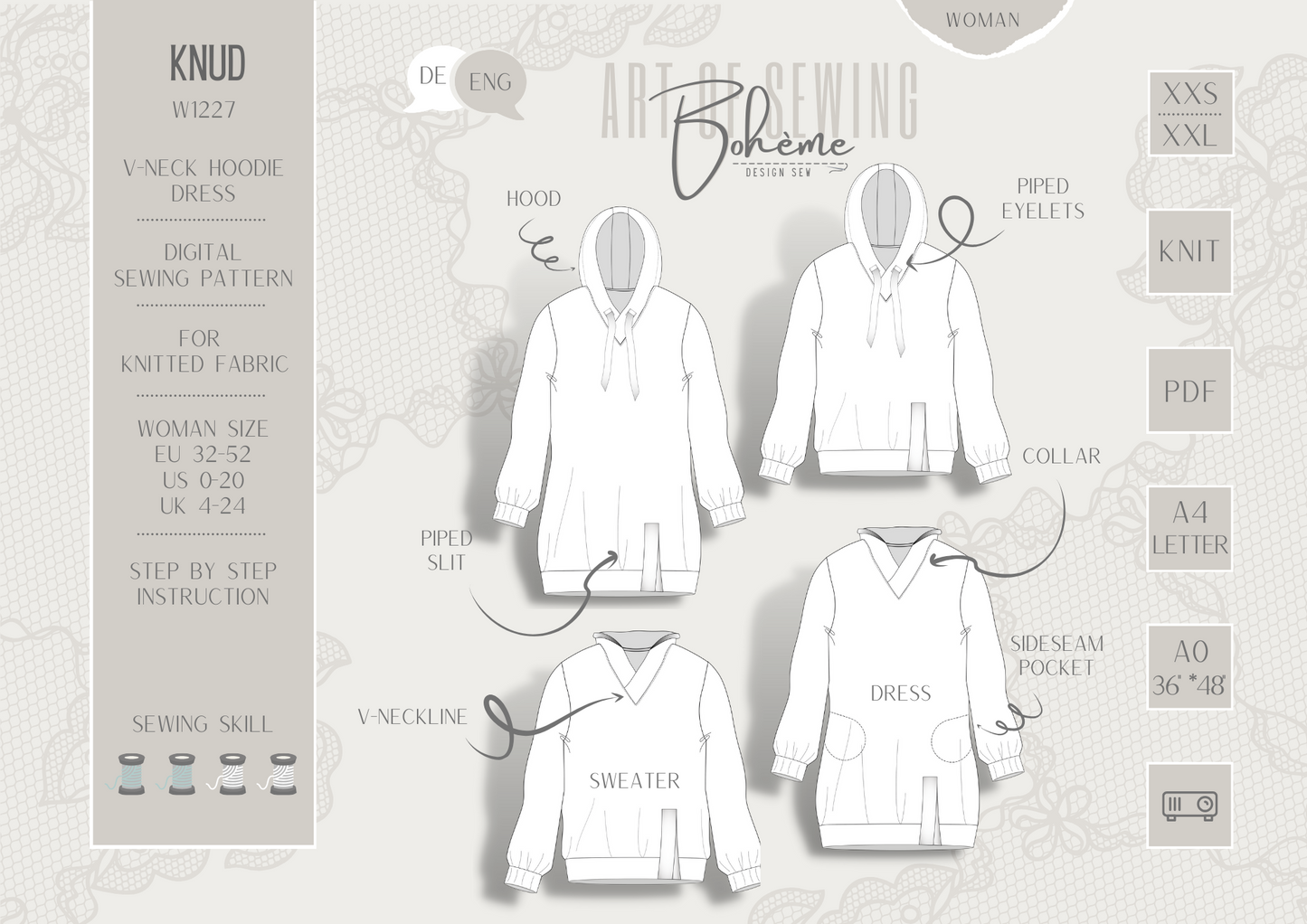 Hoodie-Dress | Knud W1227 | Woman XXS - XXL | Digital Sewing Pattern | PDF | Projector | Bohème