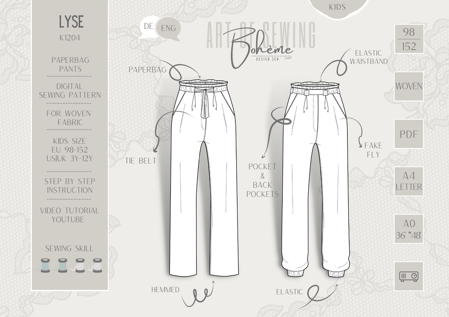 Paperbag Pants | Lyse K1204 | Kids EU98/US-UK 3y - EU152/US-UK 12y