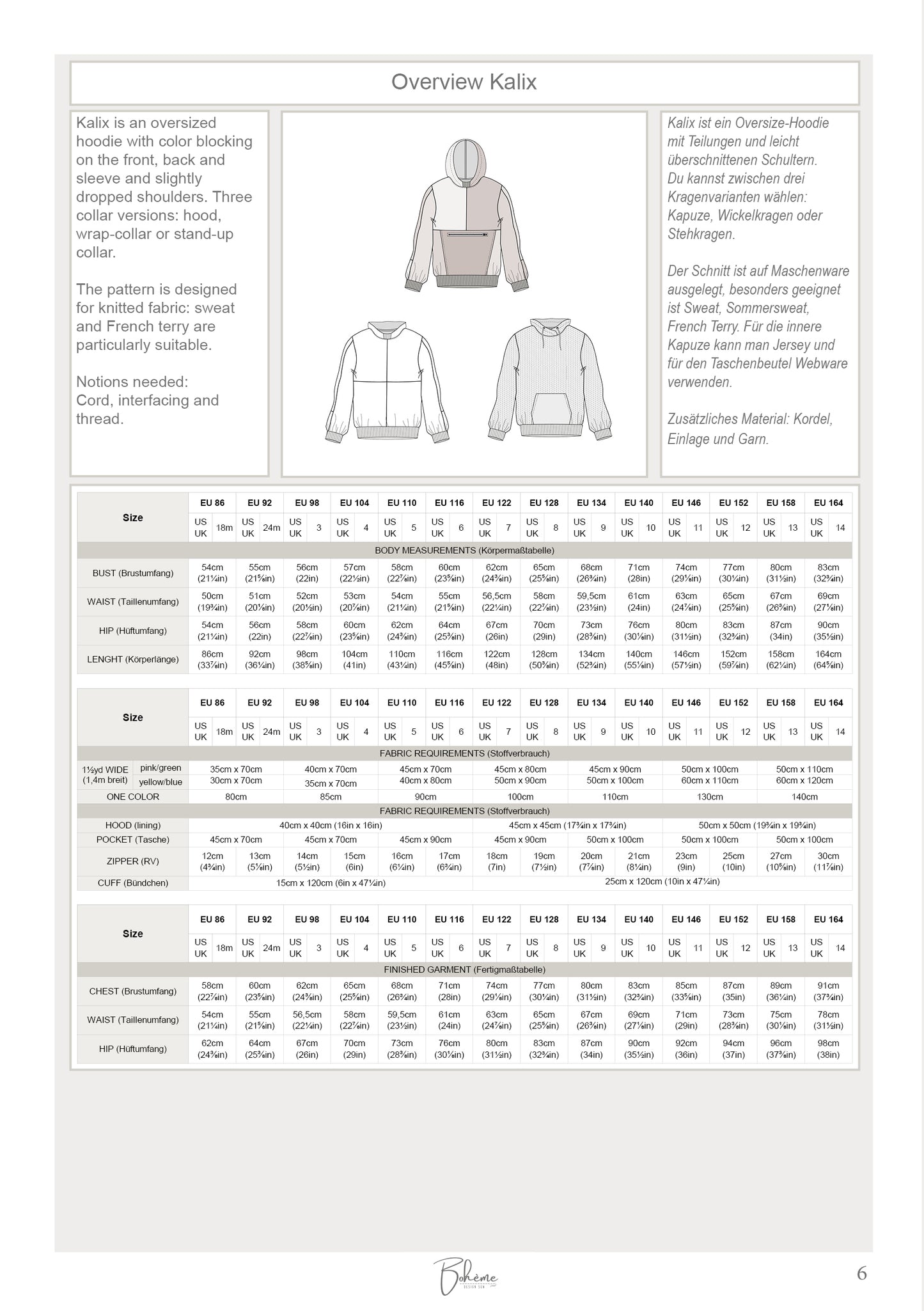 Hoodie | Kalix K1409 | Kids 18m - 14y | Digital Sewing Pattern | PDF | Projector | Bohème | Pullover | Sweater | Color Blocking