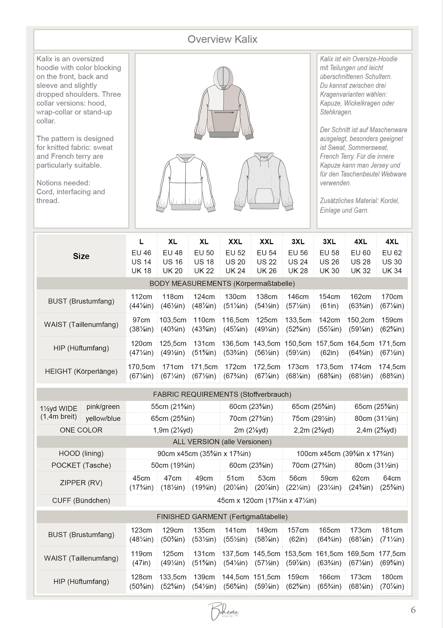 Hoodie | Kalix W2409 | Woman L - 4XL | Digital Sewing Pattern | PDF | Projector | Bohème | Sweater | Pullover | Color Blocking