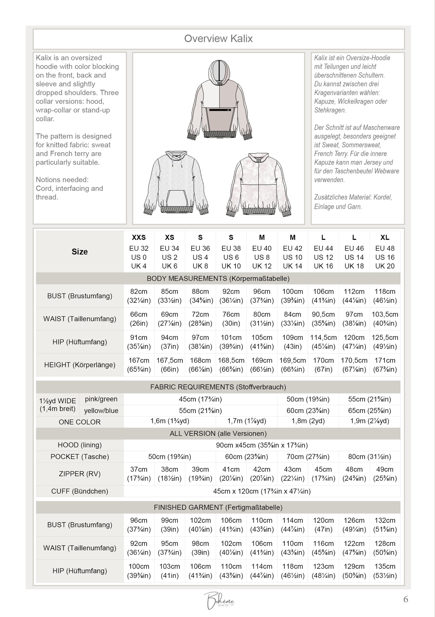 Hoodie | Kalix W1409 | Woman XXS - XL | Digital Sewing Pattern | PDF | Projector | Bohème | Pullover | Sweater | Color Blocking